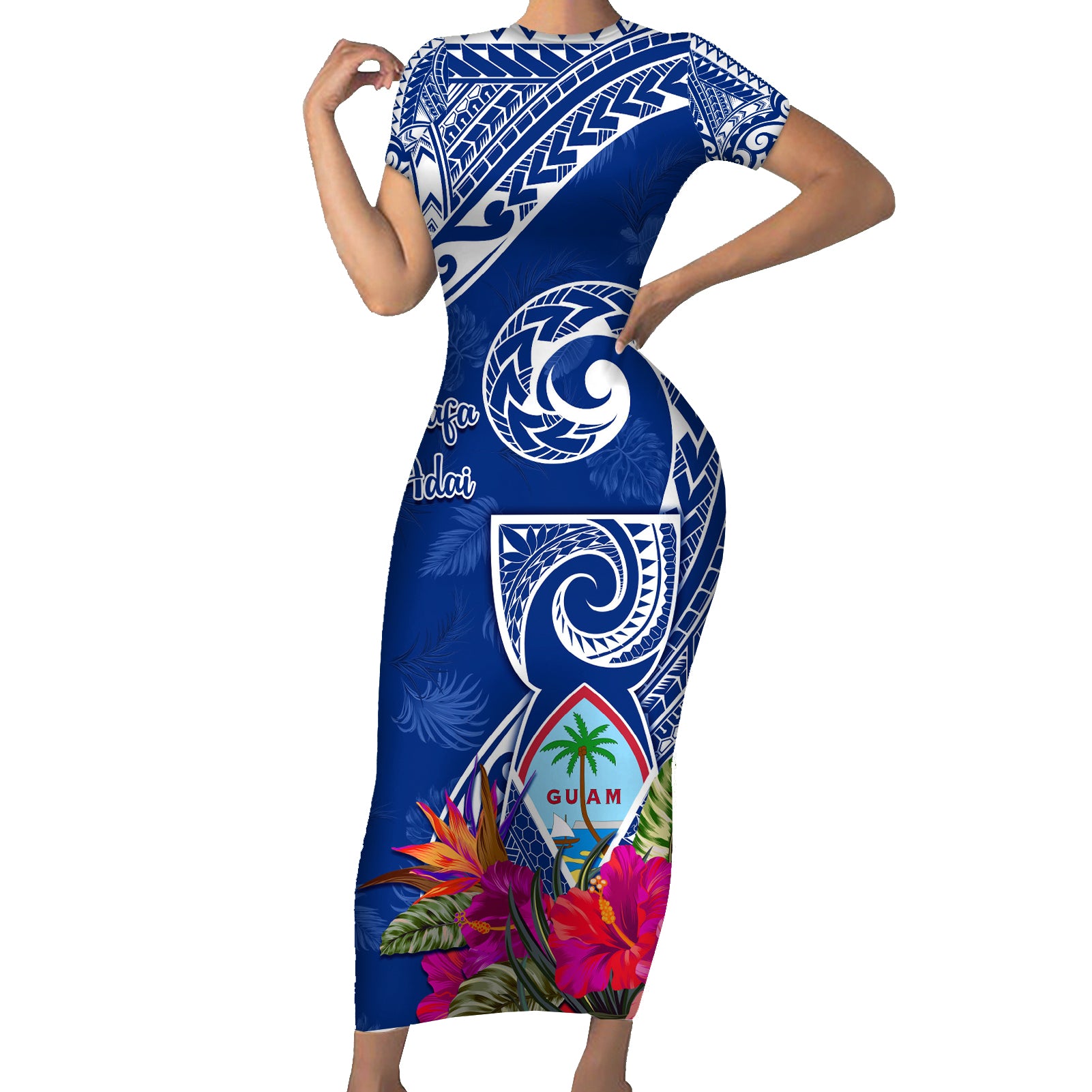Personalised Hafa Adai Guam History and Chamorro Heritage Day Short Sleeve Bodycon Dress Blue Latte Stone LT05 Long Dress Blue - Polynesian Pride