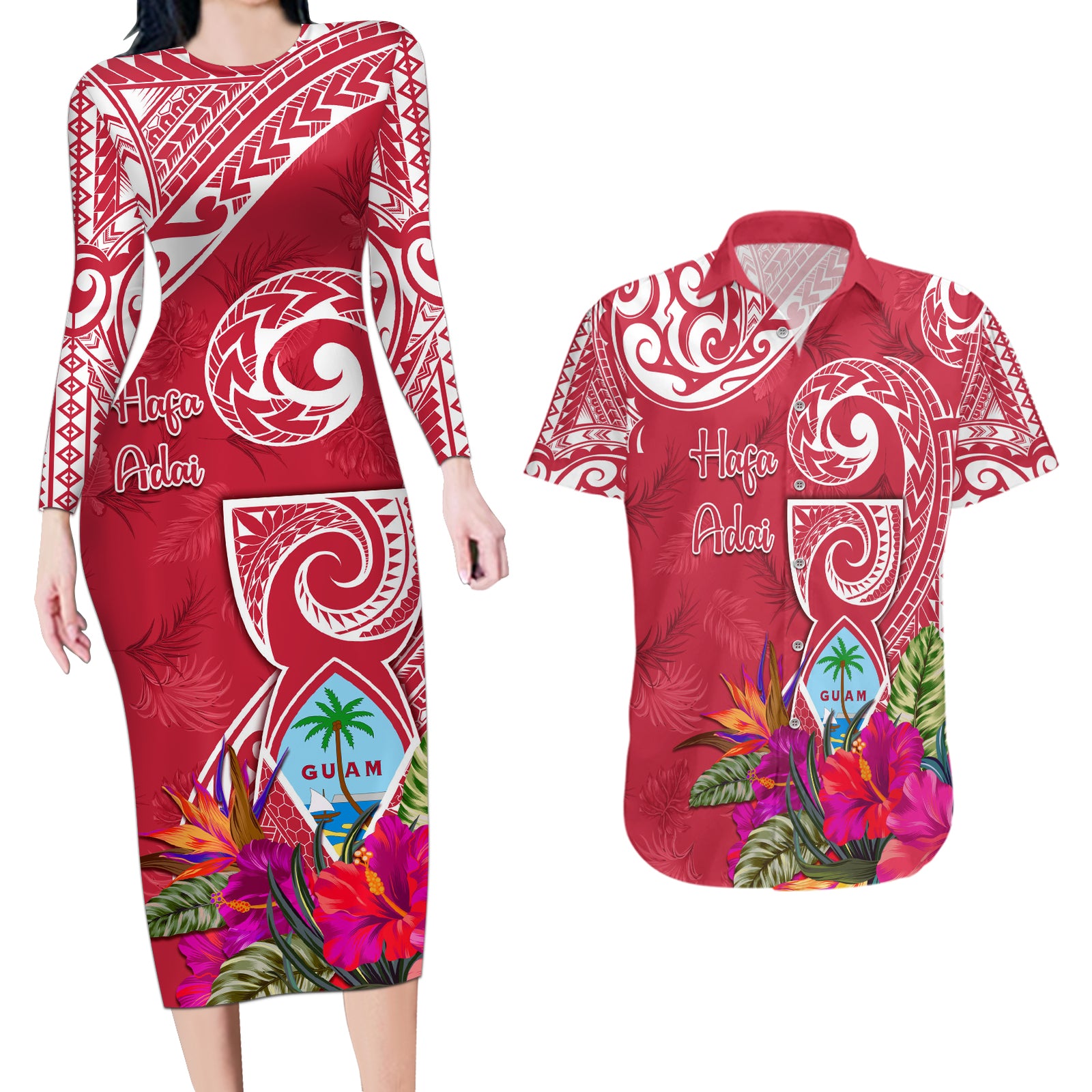 Personalised Hafa Adai Guam History and Chamorro Heritage Day Couples Matching Long Sleeve Bodycon Dress and Hawaiian Shirt Red Latte Stone LT05 Red - Polynesian Pride