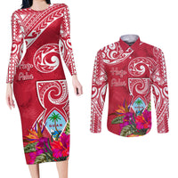 Personalised Hafa Adai Guam History and Chamorro Heritage Day Couples Matching Long Sleeve Bodycon Dress and Long Sleeve Button Shirt Red Latte Stone LT05 Red - Polynesian Pride