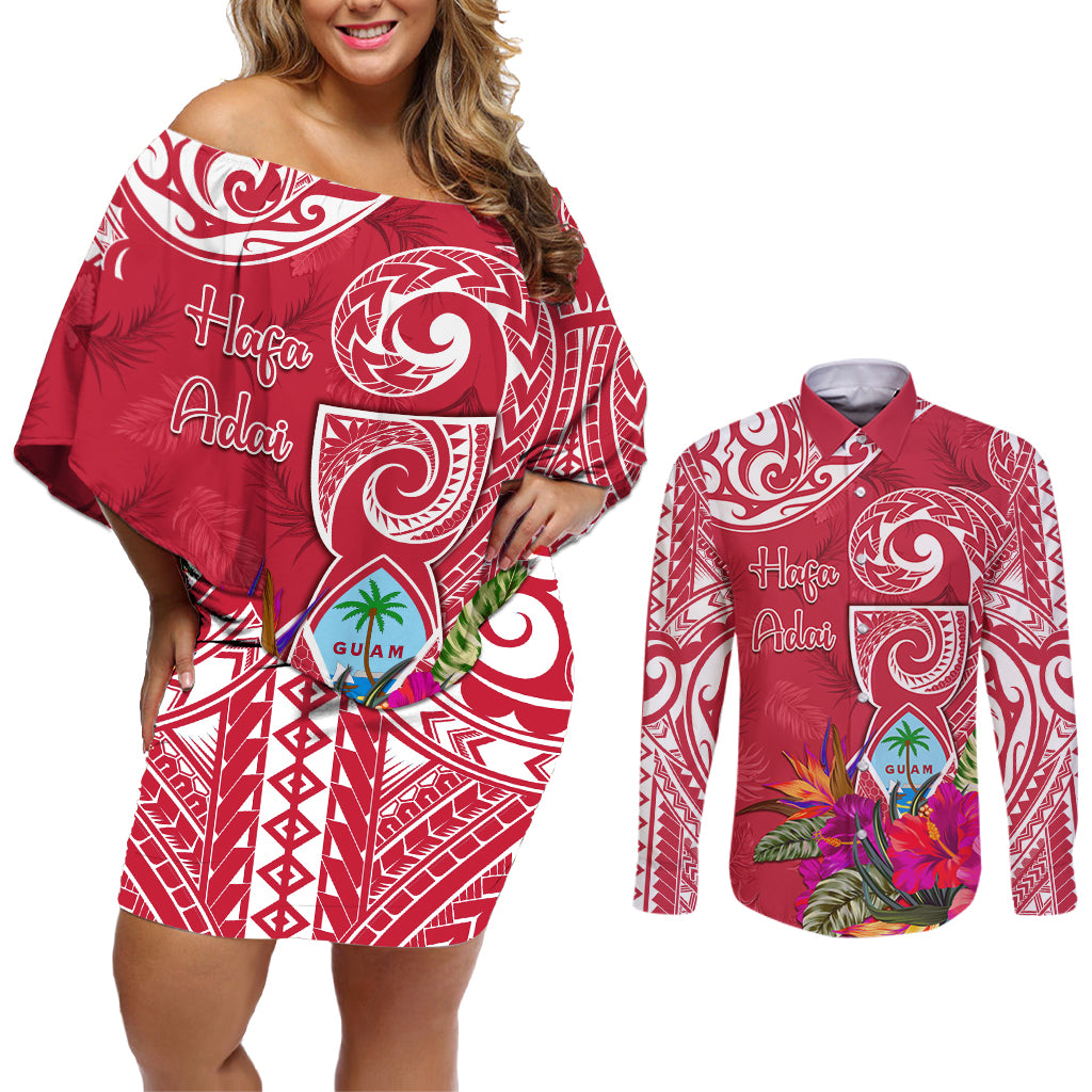 Personalised Hafa Adai Guam History and Chamorro Heritage Day Couples Matching Off Shoulder Short Dress and Long Sleeve Button Shirt Red Latte Stone LT05 Red - Polynesian Pride