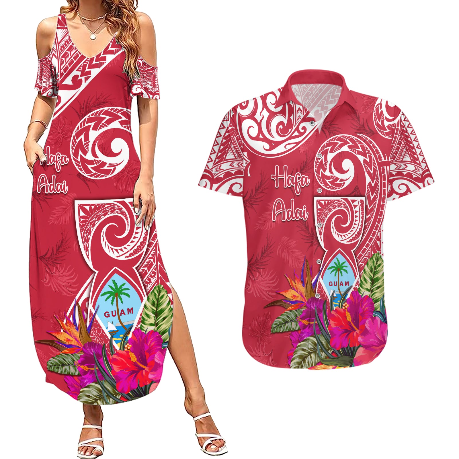 Personalised Hafa Adai Guam History and Chamorro Heritage Day Couples Matching Summer Maxi Dress and Hawaiian Shirt Red Latte Stone LT05 Red - Polynesian Pride