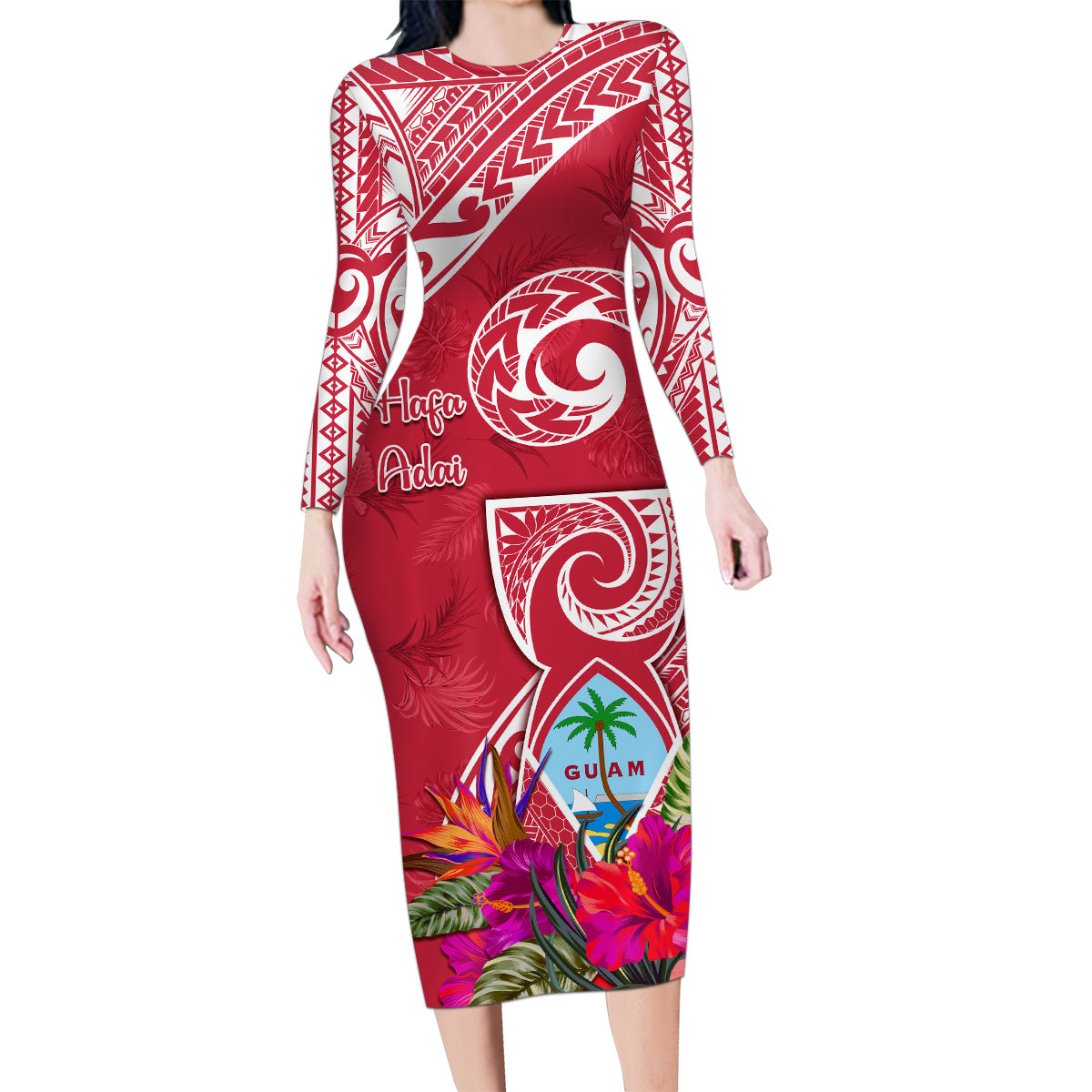 Personalised Hafa Adai Guam History and Chamorro Heritage Day Family Matching Long Sleeve Bodycon Dress and Hawaiian Shirt Red Latte Stone LT05 Mom's Dress Red - Polynesian Pride