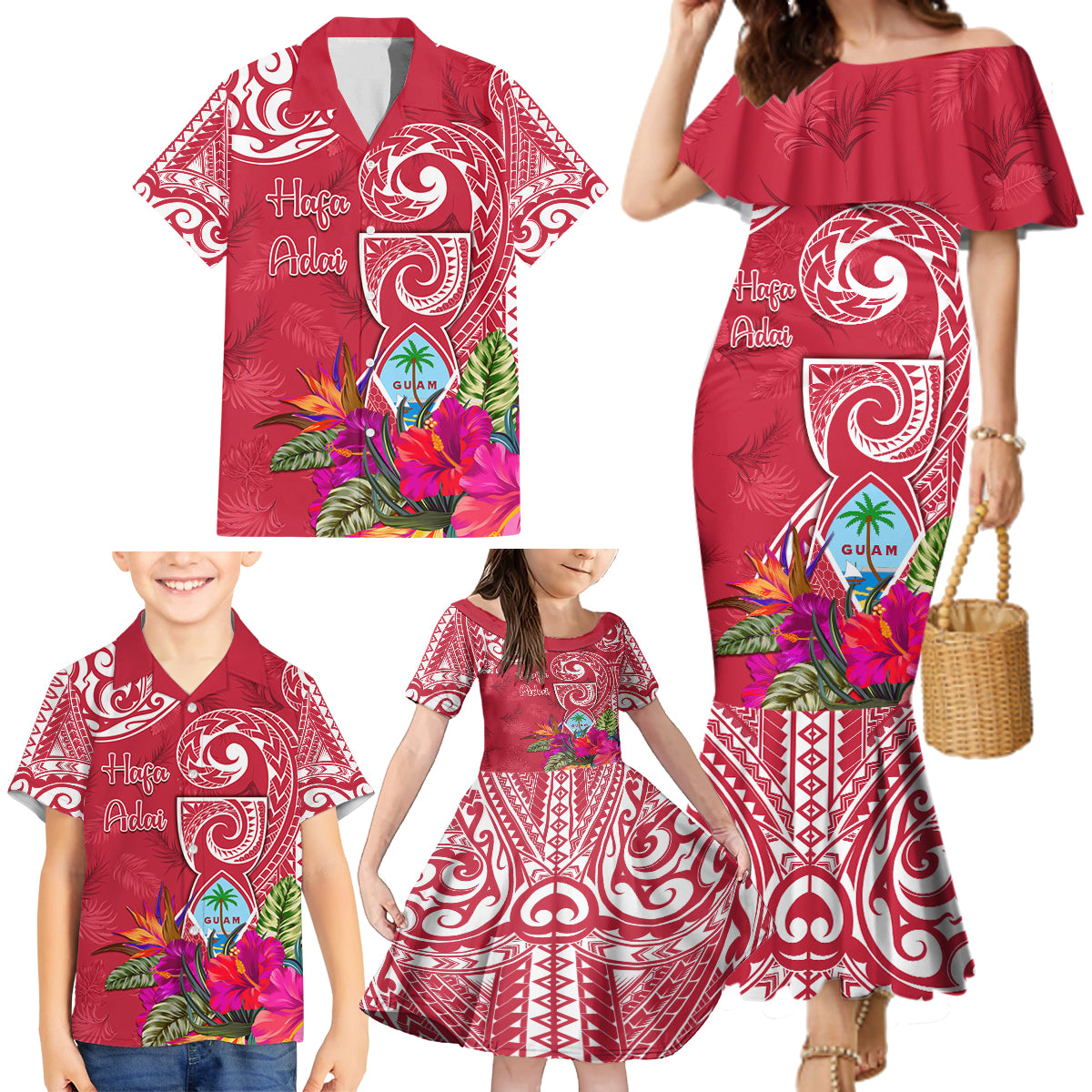 Personalised Hafa Adai Guam History and Chamorro Heritage Day Family Matching Mermaid Dress and Hawaiian Shirt Red Latte Stone LT05 - Polynesian Pride