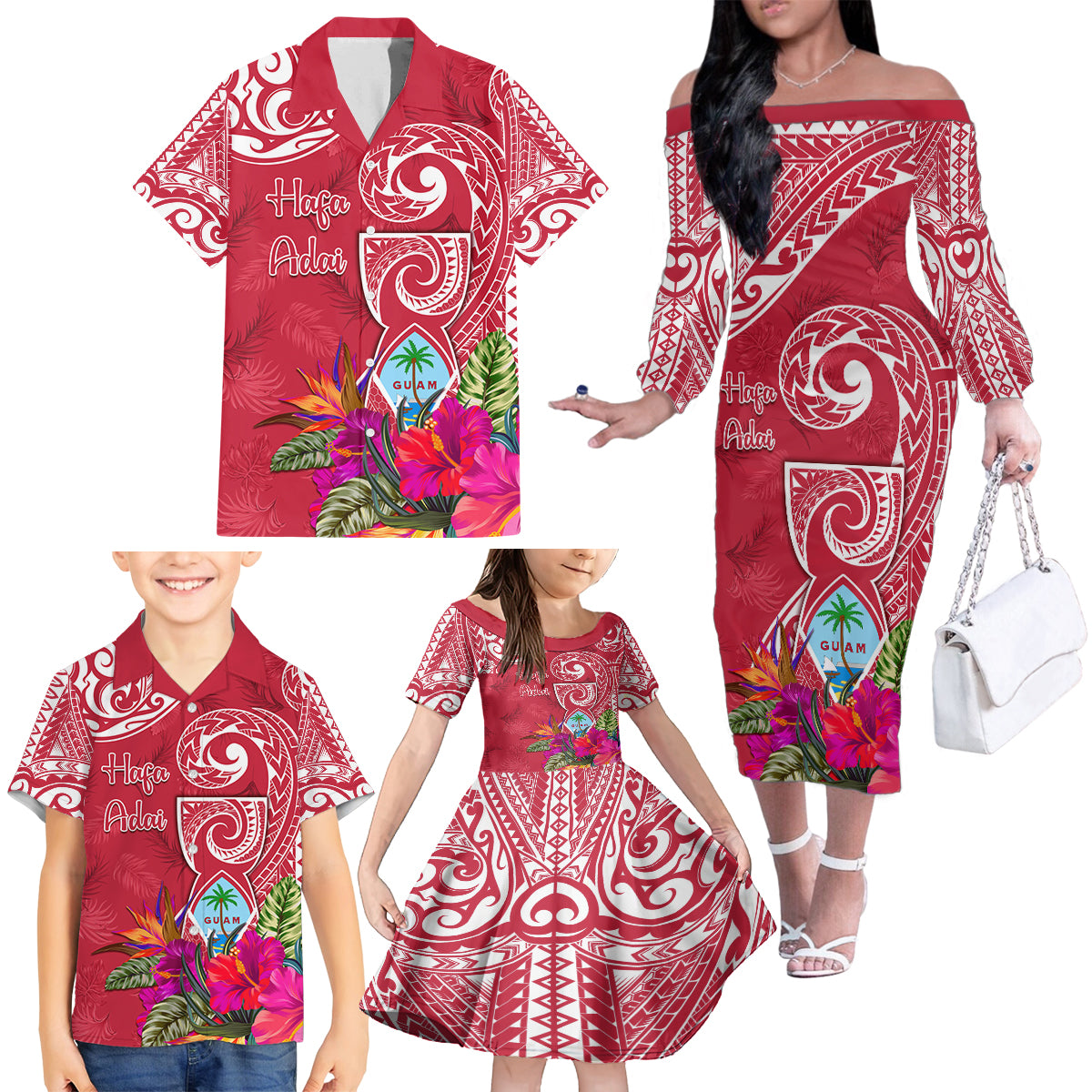 Personalised Hafa Adai Guam History and Chamorro Heritage Day Family Matching Off Shoulder Long Sleeve Dress and Hawaiian Shirt Red Latte Stone LT05 - Polynesian Pride