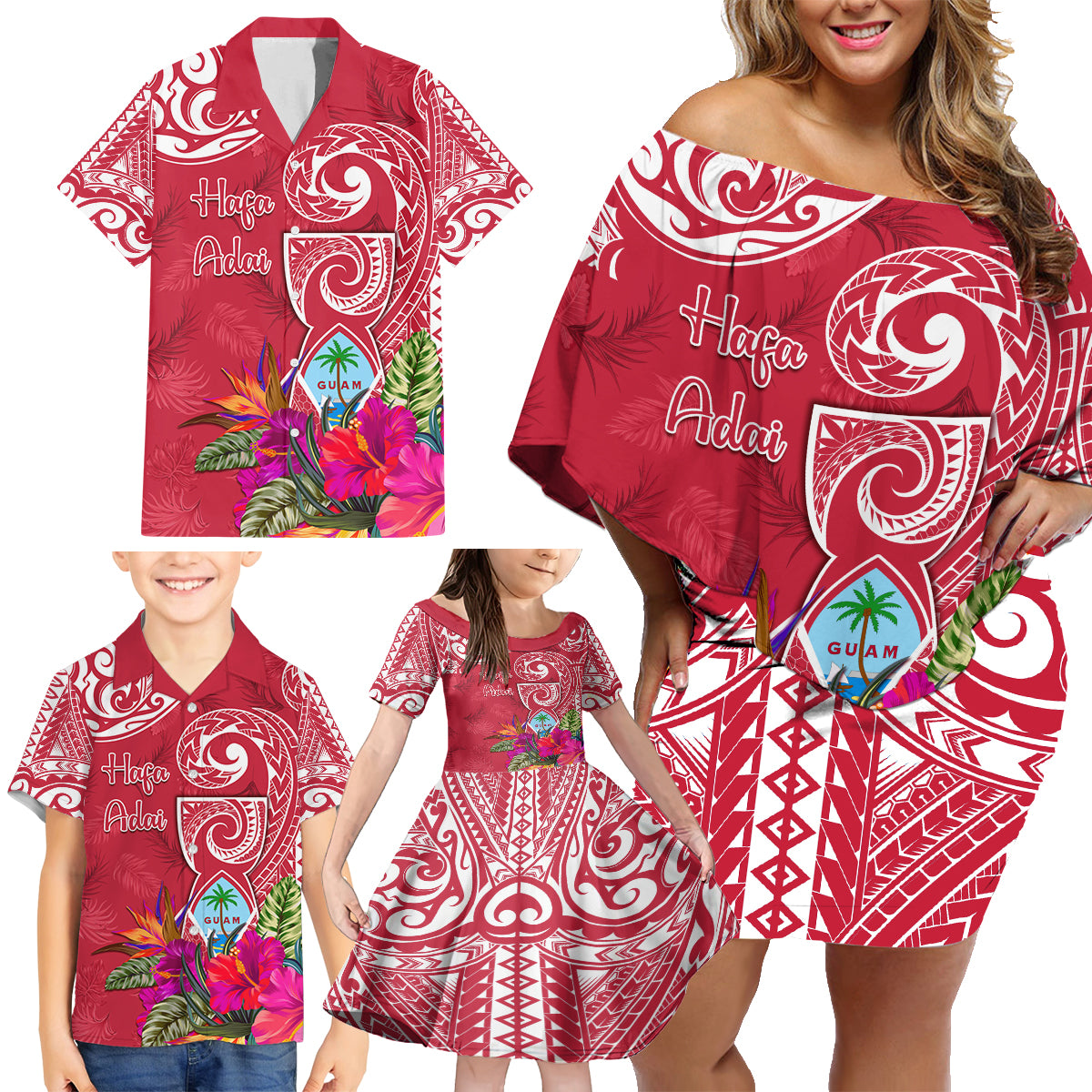 Personalised Hafa Adai Guam History and Chamorro Heritage Day Family Matching Off Shoulder Short Dress and Hawaiian Shirt Red Latte Stone LT05 - Polynesian Pride