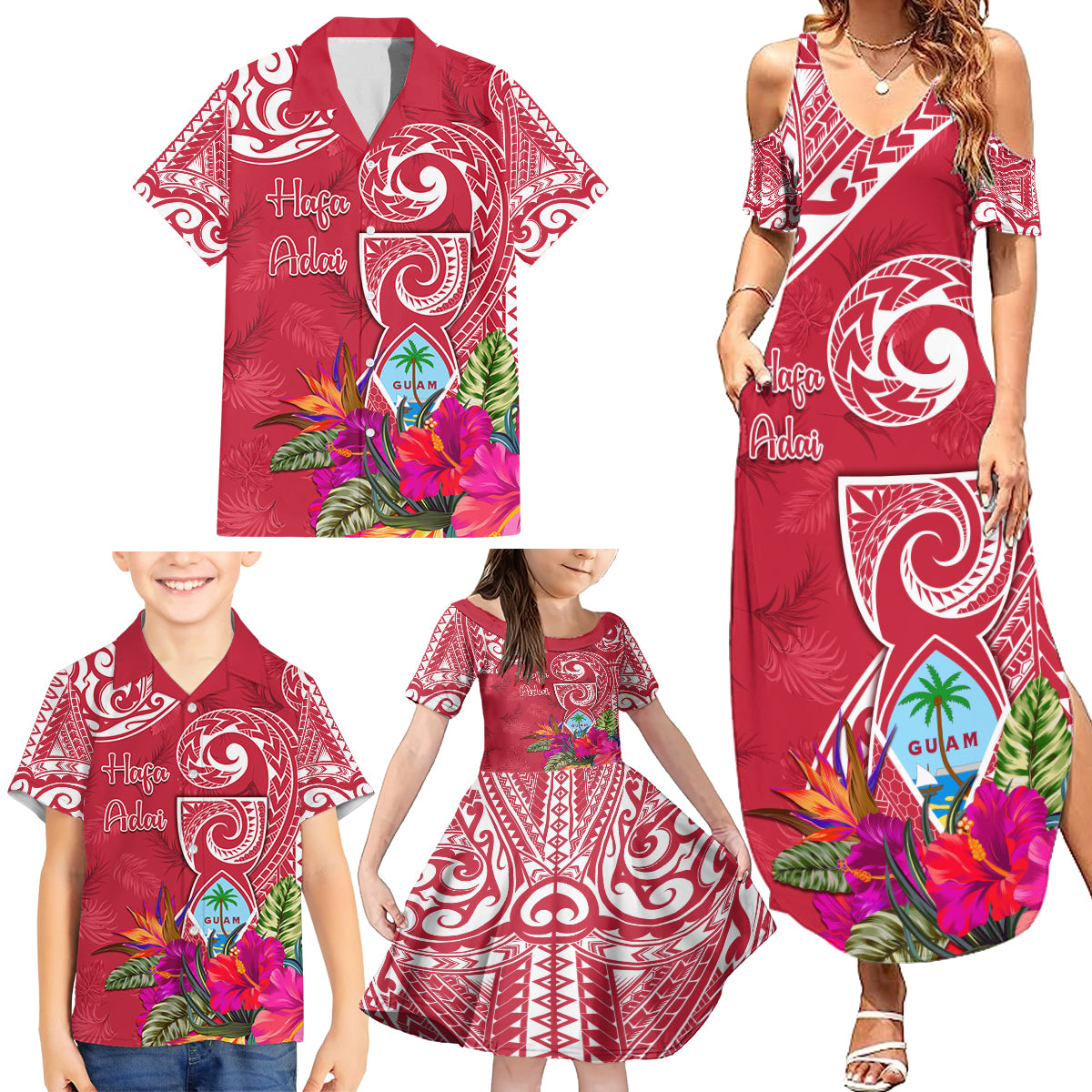 Personalised Hafa Adai Guam History and Chamorro Heritage Day Family Matching Summer Maxi Dress and Hawaiian Shirt Red Latte Stone LT05 - Polynesian Pride