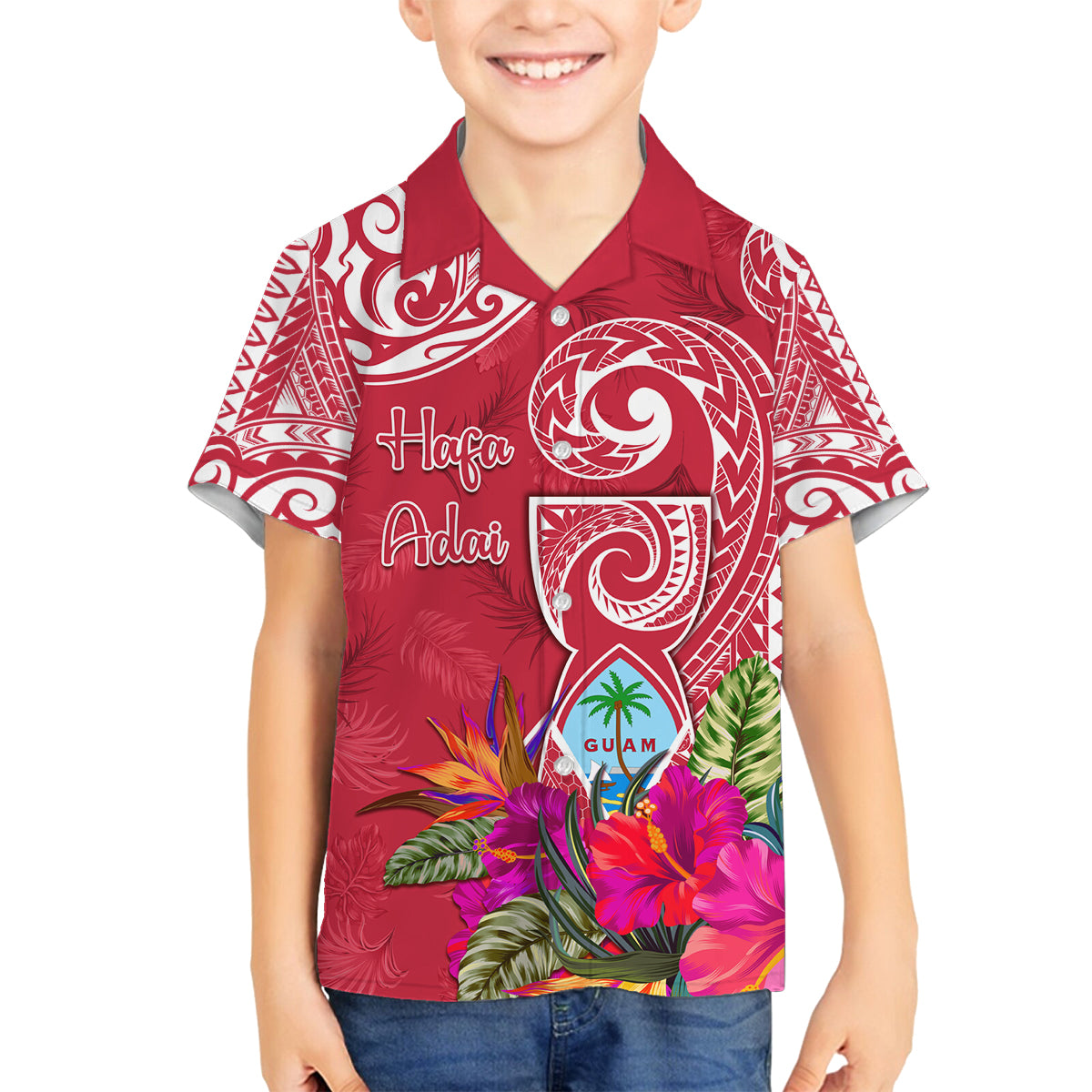 Personalised Hafa Adai Guam History and Chamorro Heritage Day Family Matching Summer Maxi Dress and Hawaiian Shirt Red Latte Stone LT05 Son's Shirt Red - Polynesian Pride
