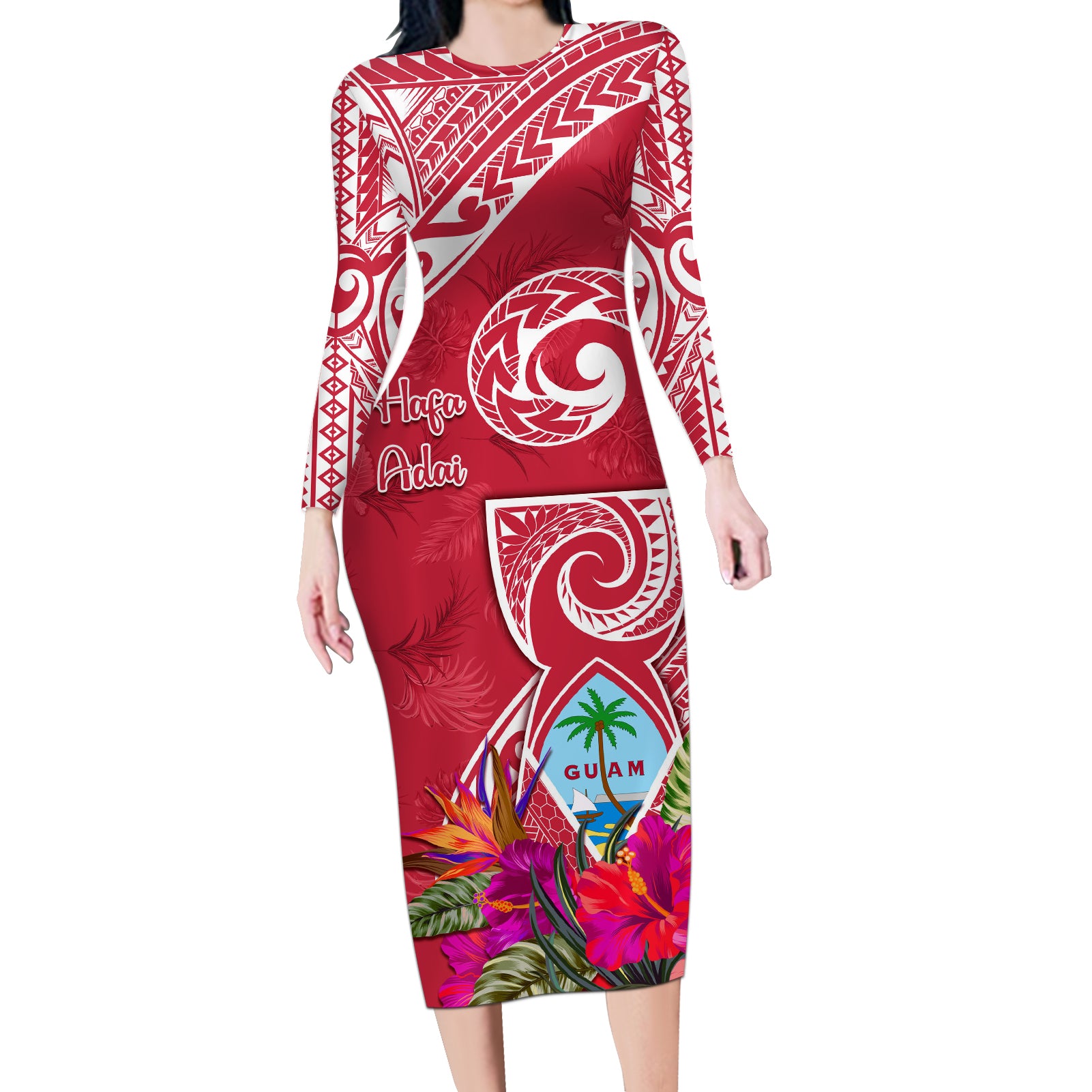 Personalised Hafa Adai Guam History and Chamorro Heritage Day Long Sleeve Bodycon Dress Red Latte Stone LT05 Long Dress Red - Polynesian Pride