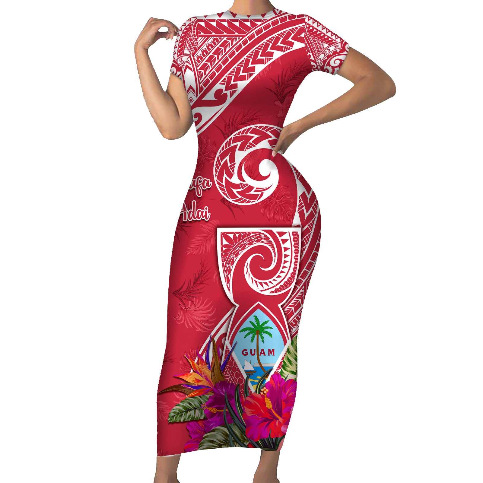 Personalised Hafa Adai Guam History and Chamorro Heritage Day Short Sleeve Bodycon Dress Red Latte Stone LT05 Long Dress Red - Polynesian Pride