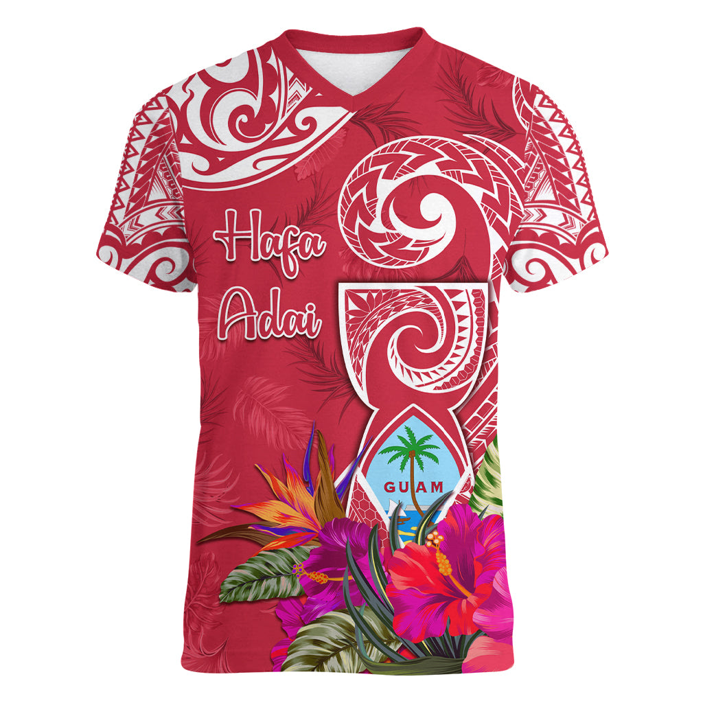 Personalised Hafa Adai Guam History and Chamorro Heritage Day Women V Neck T Shirt Red Latte Stone LT05 Female Red - Polynesian Pride