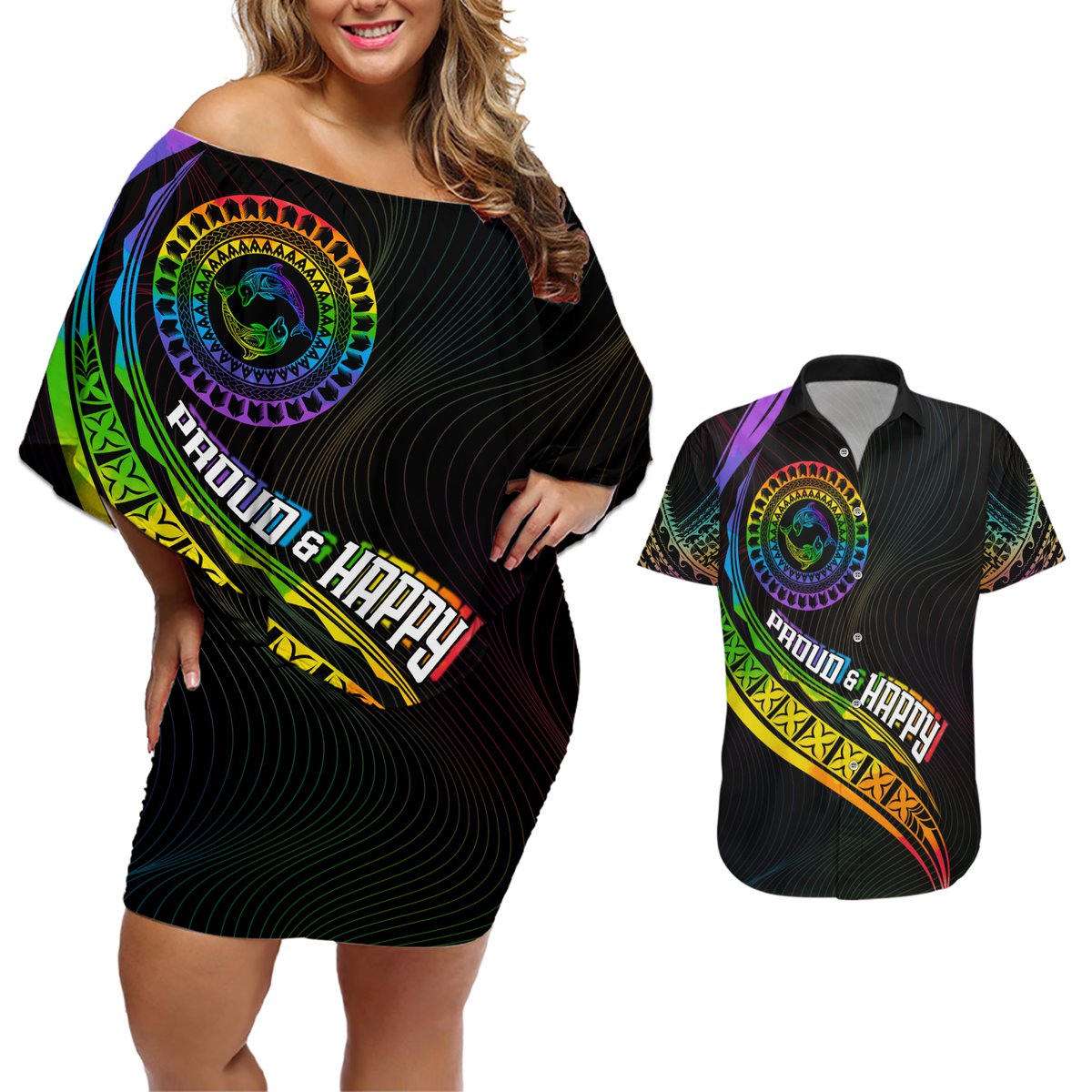 Personalised LGBT History Month Couples Matching Off Shoulder Short Dress and Hawaiian Shirt Proud And Happy Polynesian Dolphin LT05 Black - Polynesian Pride