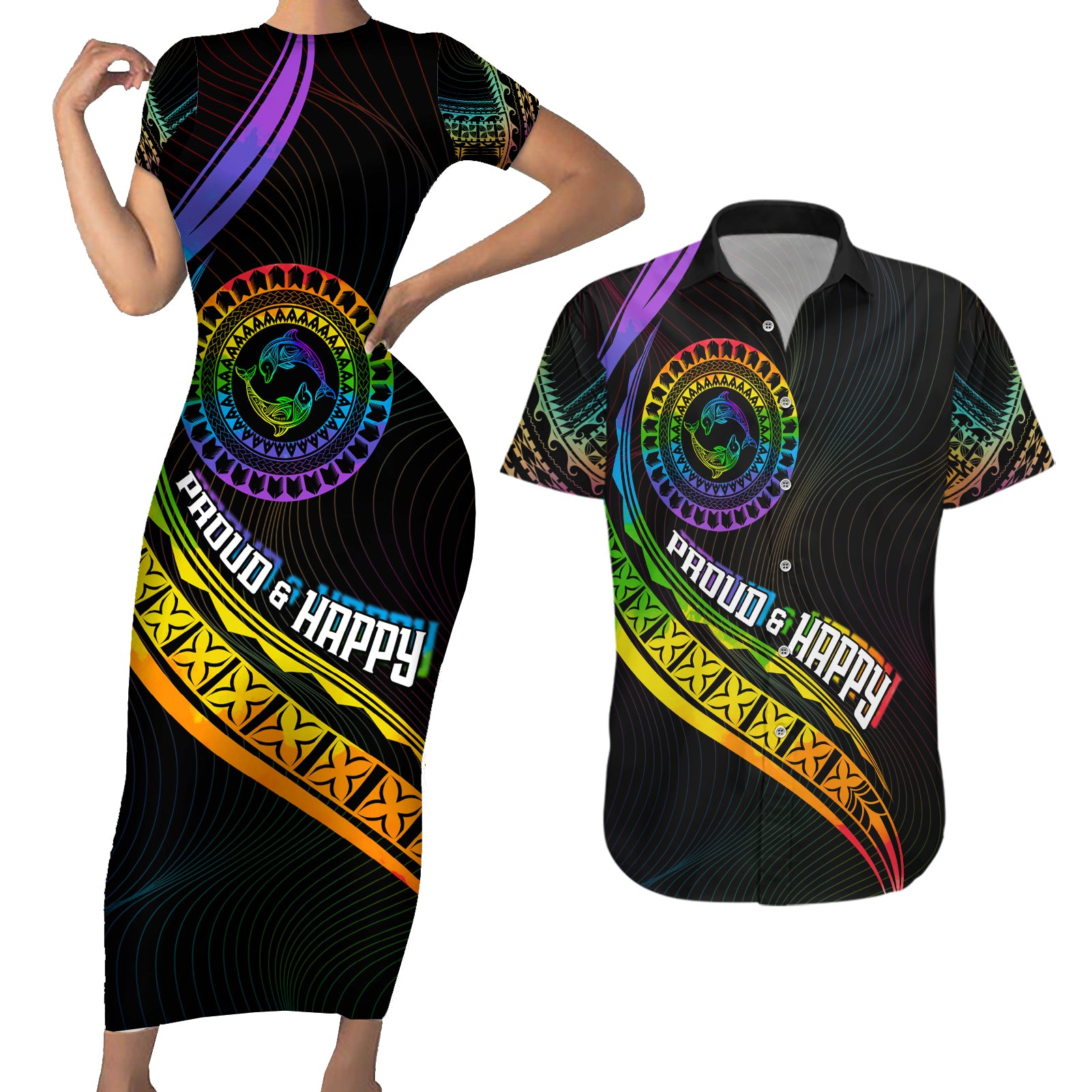 Personalised LGBT History Month Couples Matching Short Sleeve Bodycon Dress and Hawaiian Shirt Proud And Happy Polynesian Dolphin LT05 Black - Polynesian Pride