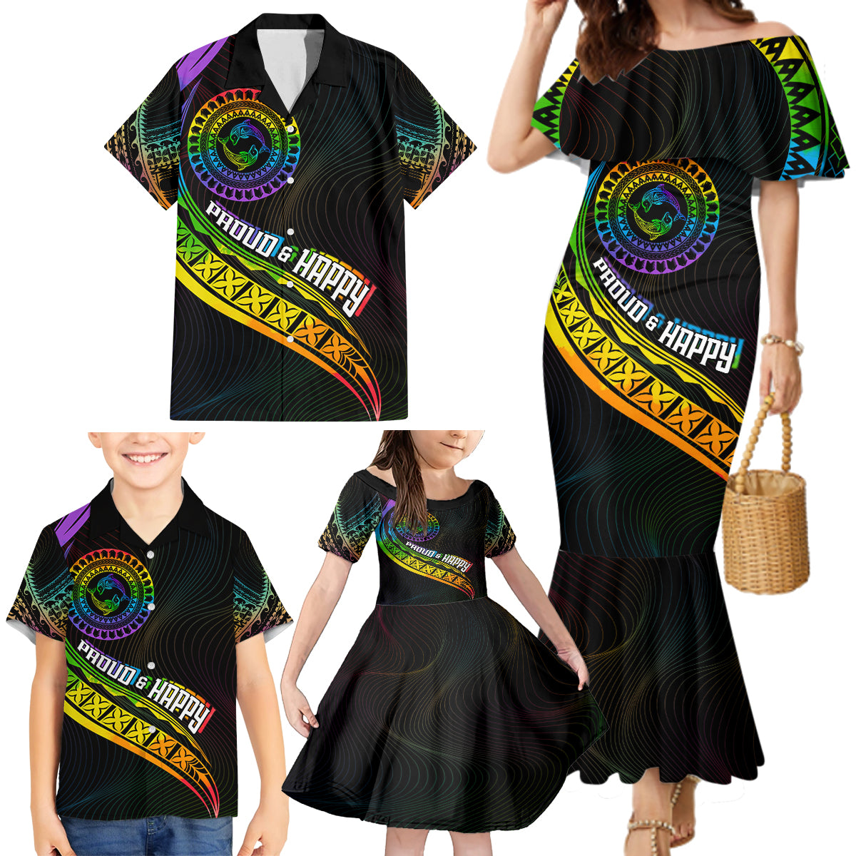 Personalised LGBT History Month Family Matching Mermaid Dress and Hawaiian Shirt Proud And Happy Polynesian Dolphin LT05 - Polynesian Pride