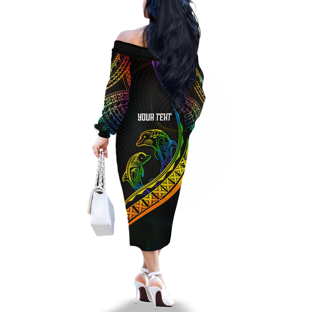 Personalised LGBT History Month Family Matching Off Shoulder Long Sleeve Dress and Hawaiian Shirt Proud And Happy Polynesian Dolphin LT05 - Polynesian Pride