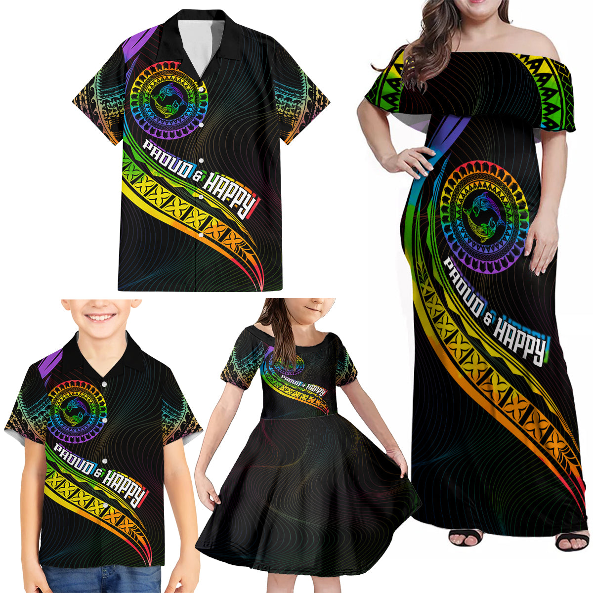 Personalised LGBT History Month Family Matching Off Shoulder Maxi Dress and Hawaiian Shirt Proud And Happy Polynesian Dolphin LT05 - Polynesian Pride