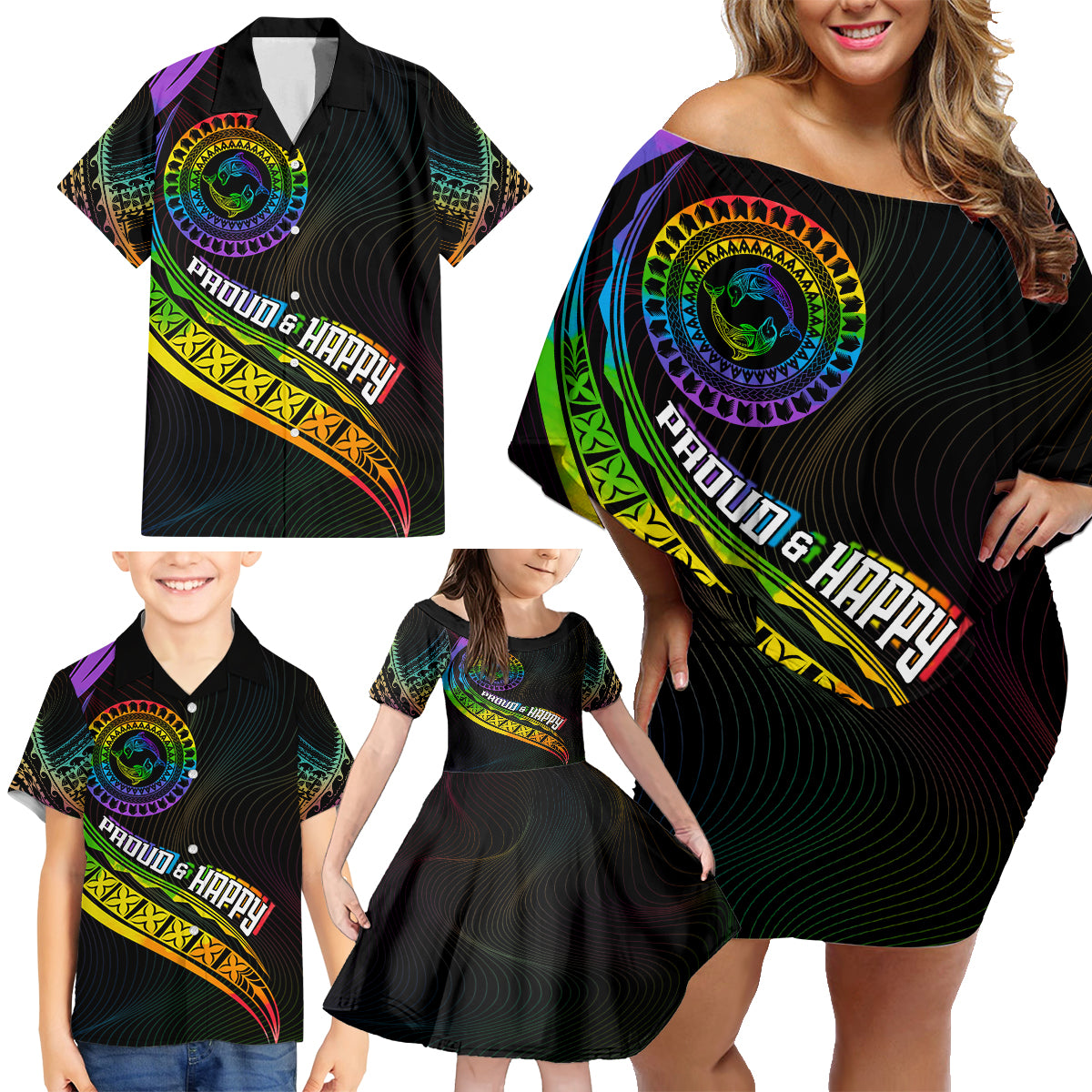 Personalised LGBT History Month Family Matching Off Shoulder Short Dress and Hawaiian Shirt Proud And Happy Polynesian Dolphin LT05 - Polynesian Pride