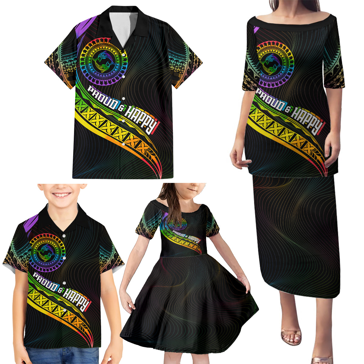 Personalised LGBT History Month Family Matching Puletasi Dress and Hawaiian Shirt Proud And Happy Polynesian Dolphin LT05 - Polynesian Pride