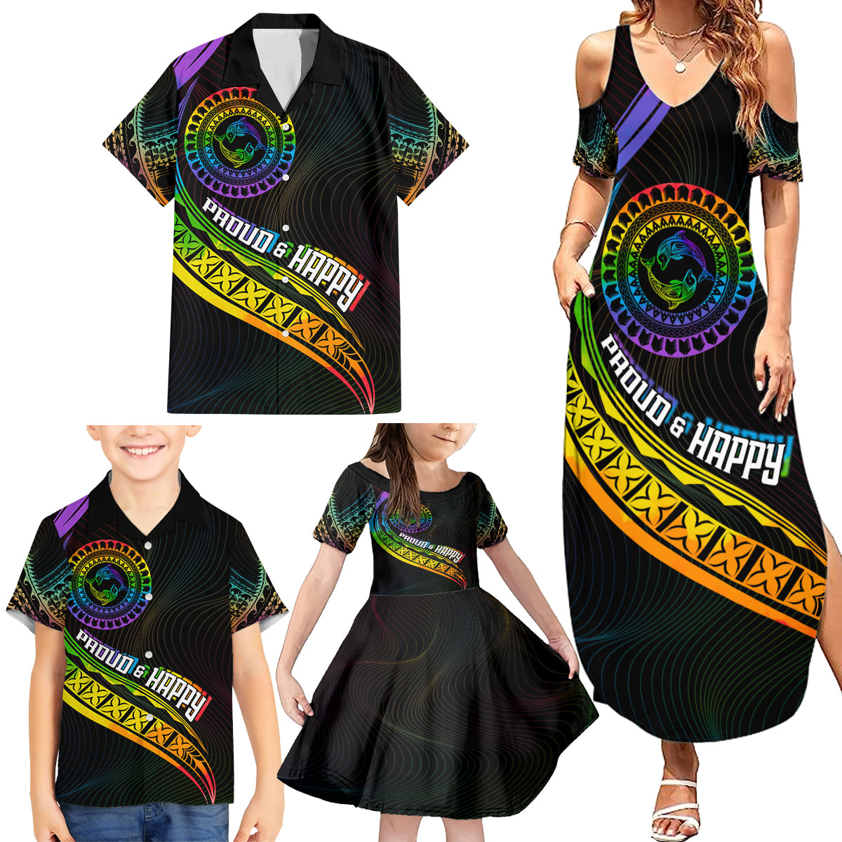 Personalised LGBT History Month Family Matching Summer Maxi Dress and Hawaiian Shirt Proud And Happy Polynesian Dolphin LT05 - Polynesian Pride