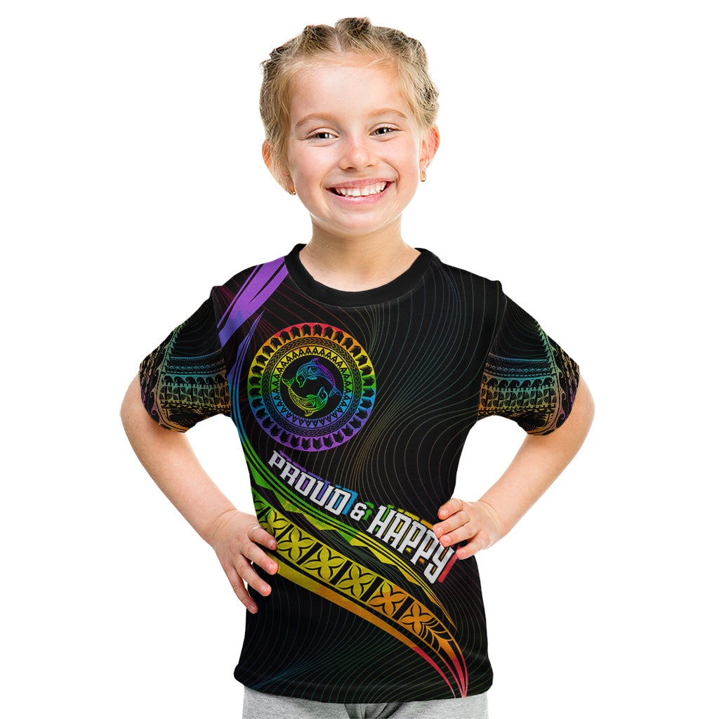 Personalised LGBT History Month Kid T Shirt Proud And Happy Polynesian Dolphin LT05 Black - Polynesian Pride