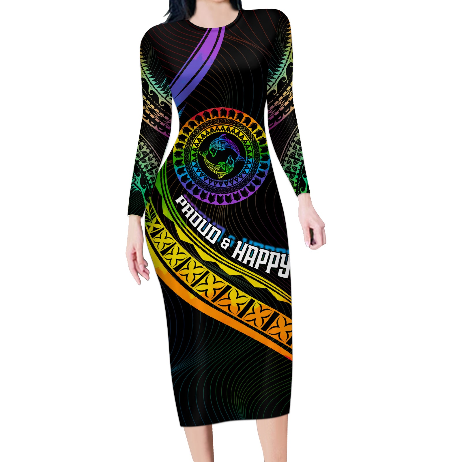 Personalised LGBT History Month Long Sleeve Bodycon Dress Proud And Happy Polynesian Dolphin LT05 Long Dress Black - Polynesian Pride