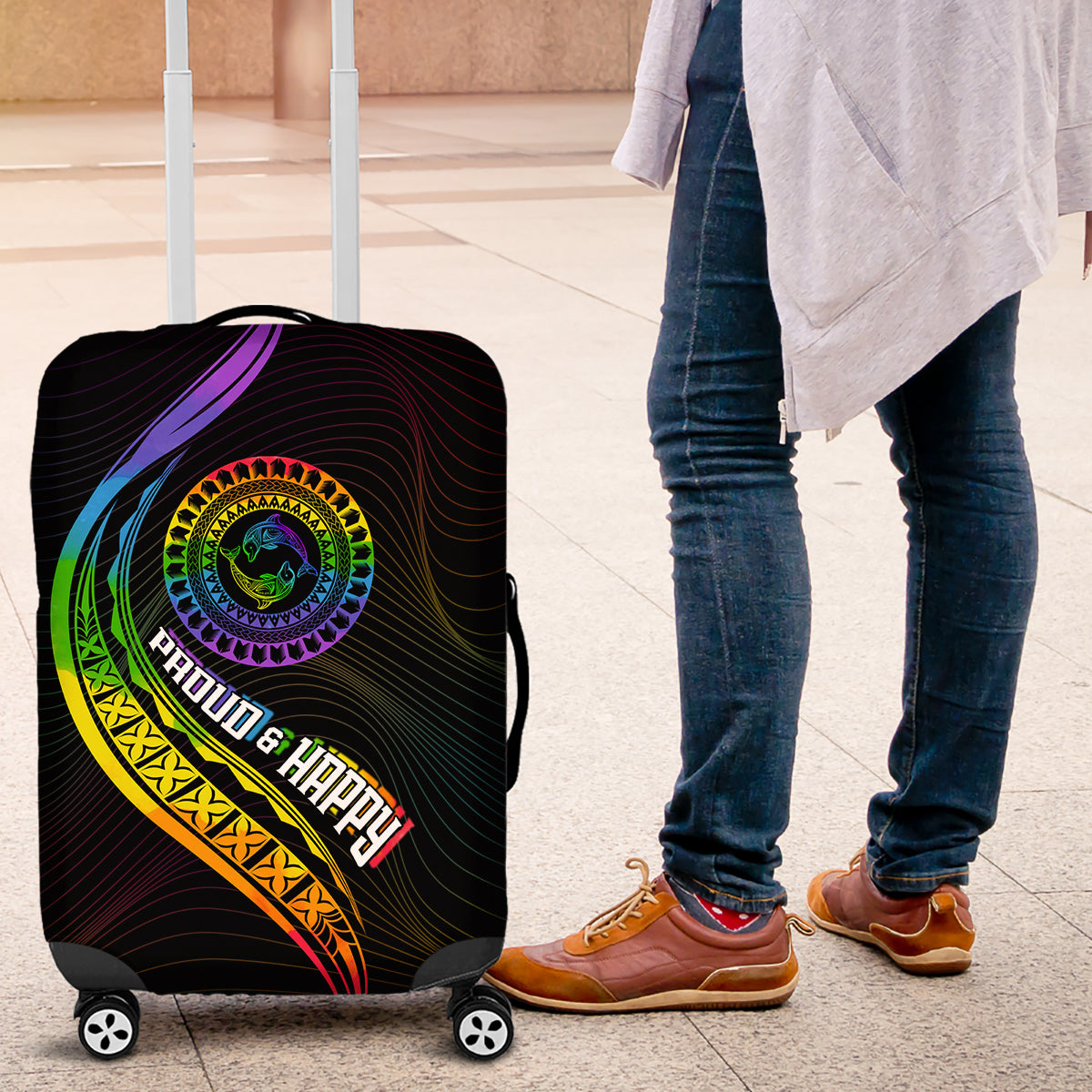 LGBT History Month Luggage Cover Proud And Happy Polynesian Dolphin LT05 Black - Polynesian Pride