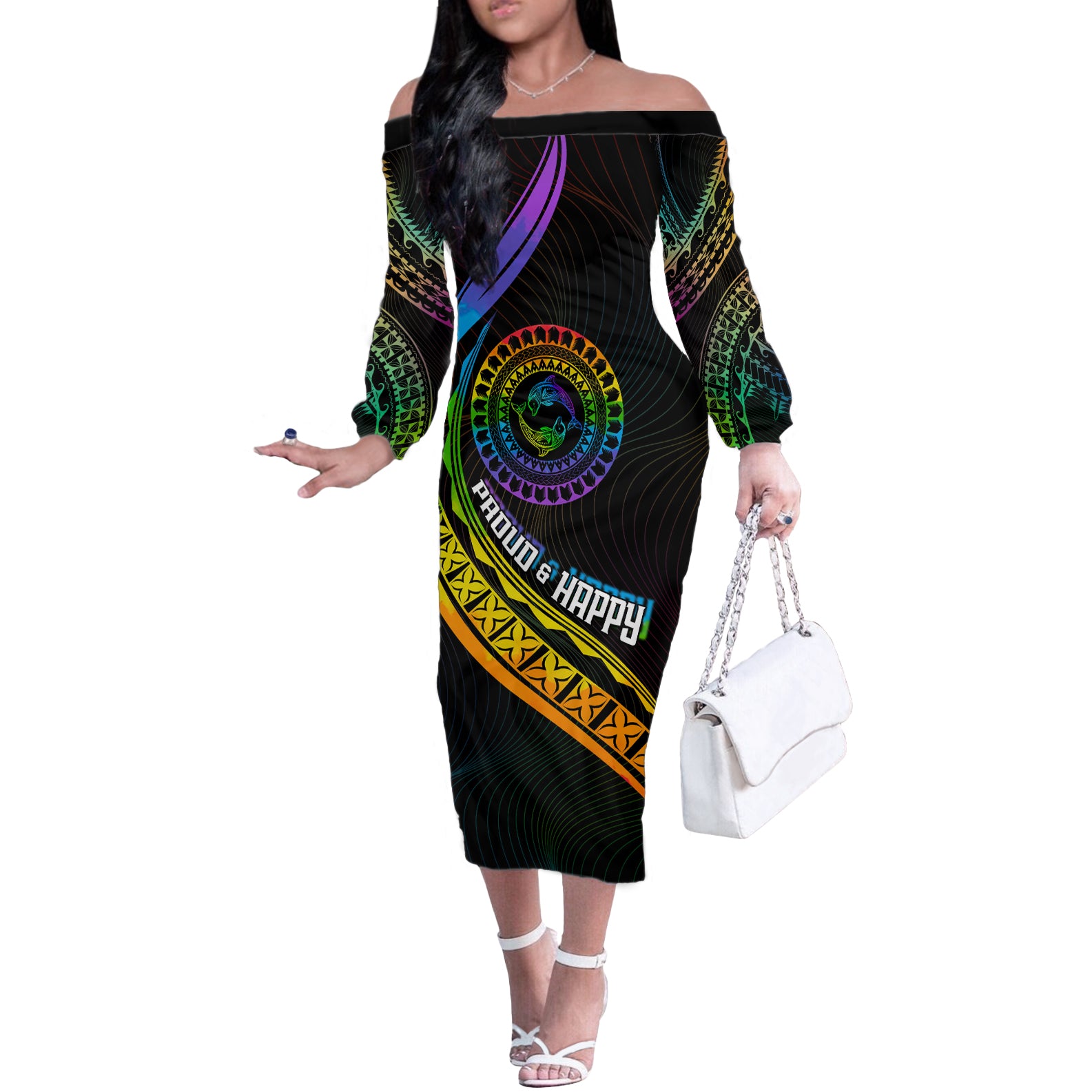 Personalised LGBT History Month Off The Shoulder Long Sleeve Dress Proud And Happy Polynesian Dolphin LT05 Women Black - Polynesian Pride