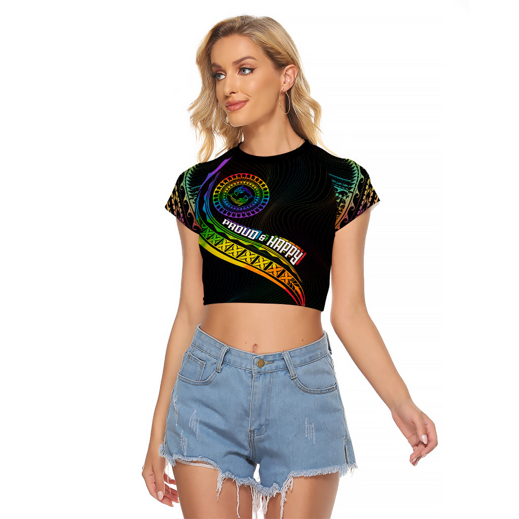 Personalised LGBT History Month Raglan Cropped T Shirt Proud And Happy Polynesian Dolphin LT05 Female Black - Polynesian Pride
