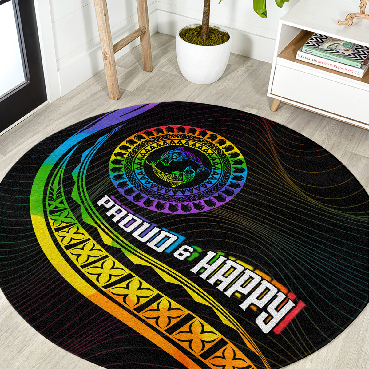 LGBT History Month Round Carpet Proud And Happy Polynesian Dolphin LT05 Black - Polynesian Pride