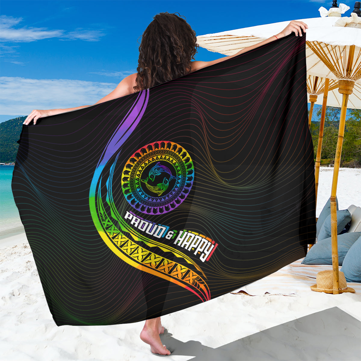 LGBT History Month Sarong Proud And Happy Polynesian Dolphin LT05 One Size 44 x 66 inches Black - Polynesian Pride