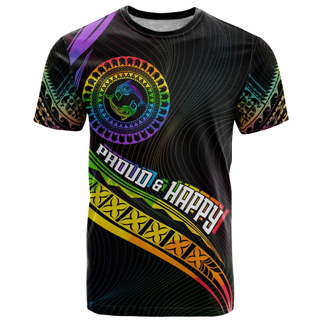 Personalised LGBT History Month T Shirt Proud And Happy Polynesian Dolphin LT05 Black - Polynesian Pride