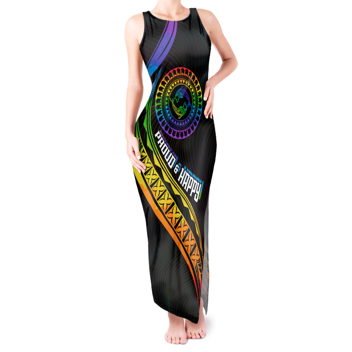 Personalised LGBT History Month Tank Maxi Dress Proud And Happy Polynesian Dolphin LT05 Women Black - Polynesian Pride