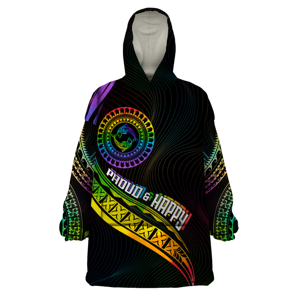 Personalised LGBT History Month Wearable Blanket Hoodie Proud And Happy Polynesian Dolphin LT05 One Size Black - Polynesian Pride