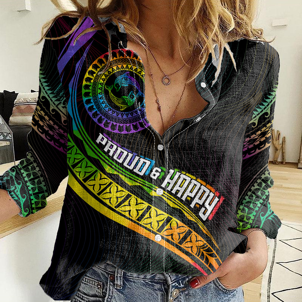 Personalised LGBT History Month Women Casual Shirt Proud And Happy Polynesian Dolphin LT05 Female Black - Polynesian Pride