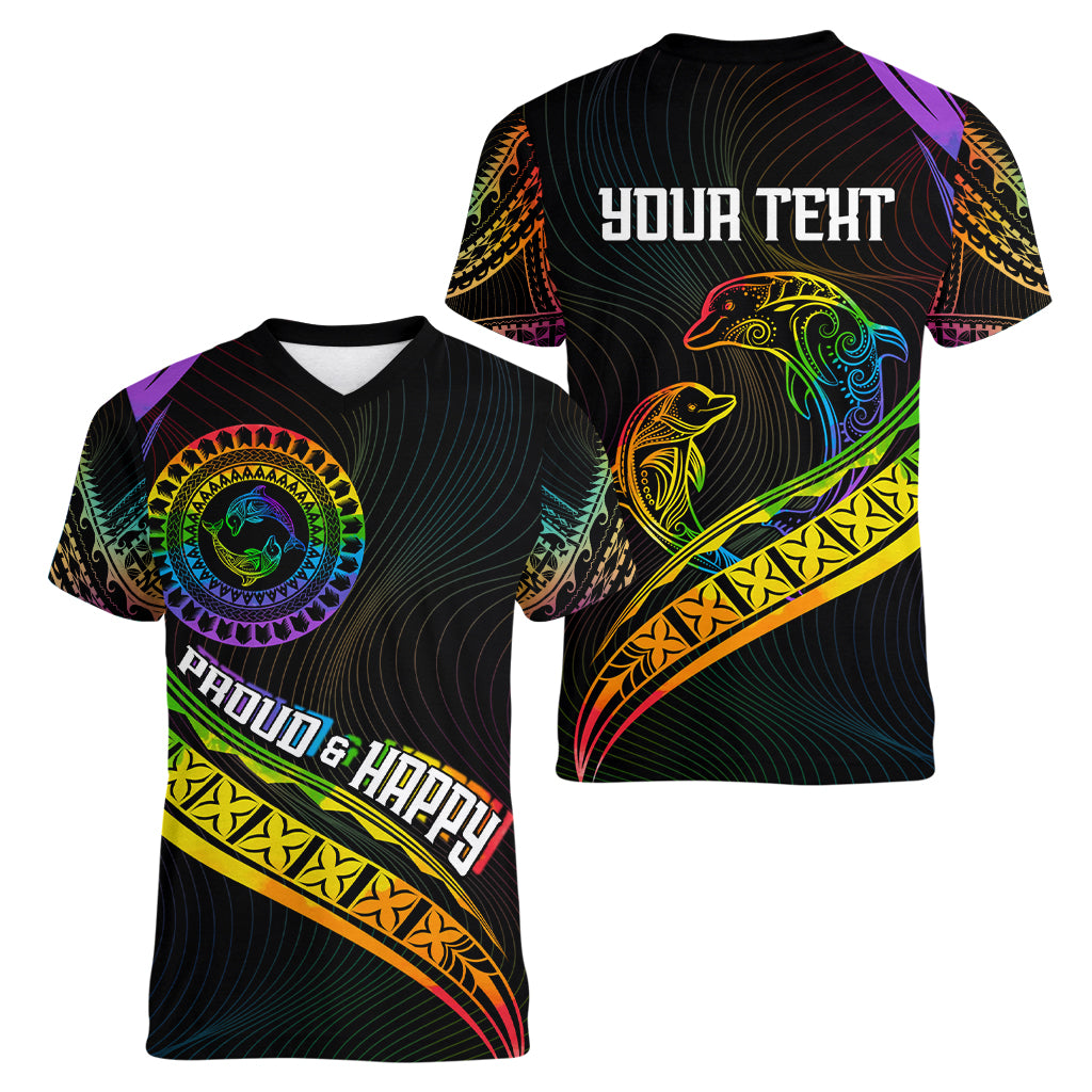 Personalised LGBT History Month Women V Neck T Shirt Proud And Happy Polynesian Dolphin LT05 - Polynesian Pride