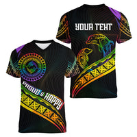 Personalised LGBT History Month Women V Neck T Shirt Proud And Happy Polynesian Dolphin LT05 - Polynesian Pride