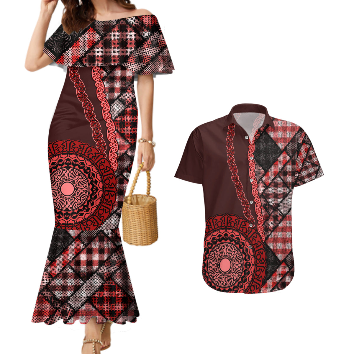New Zealand Aotearoa Couples Matching Mermaid Dress and Hawaiian Shirt Maori Harakeke Weaving Pattern Red LT05 Red - Polynesian Pride