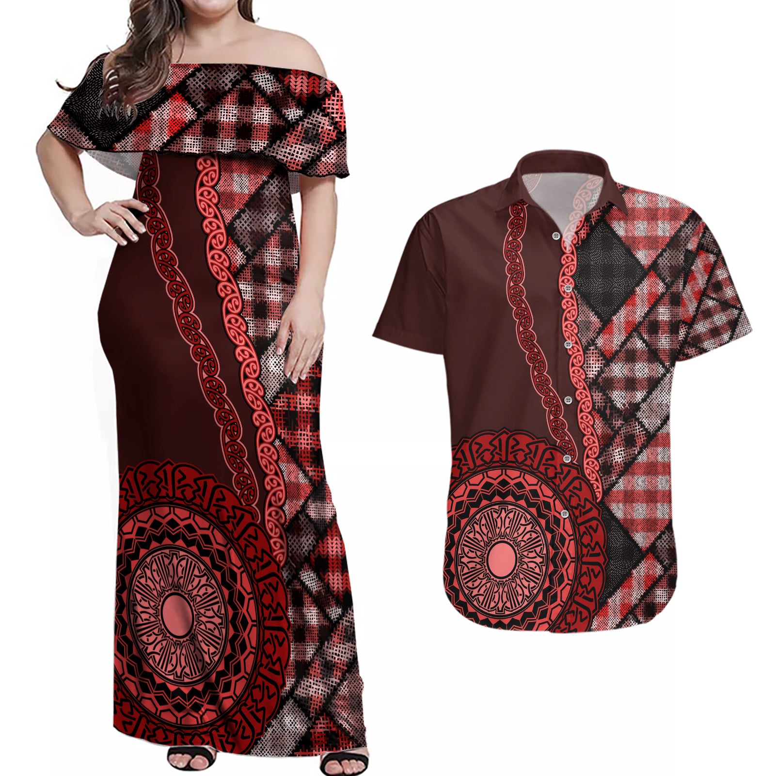 New Zealand Aotearoa Couples Matching Off Shoulder Maxi Dress and Hawaiian Shirt Maori Harakeke Weaving Pattern Red LT05 Red - Polynesian Pride