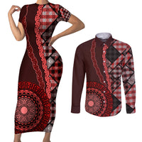 New Zealand Aotearoa Couples Matching Short Sleeve Bodycon Dress and Long Sleeve Button Shirt Maori Harakeke Weaving Pattern Red LT05 Red - Polynesian Pride