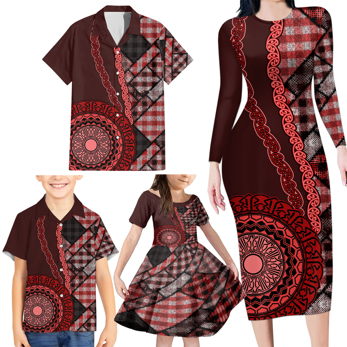 New Zealand Aotearoa Family Matching Long Sleeve Bodycon Dress and Hawaiian Shirt Maori Harakeke Weaving Pattern Red LT05 - Polynesian Pride