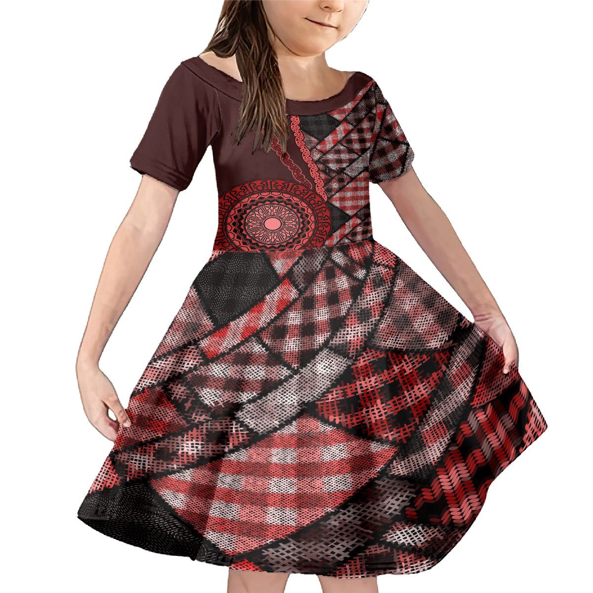 New Zealand Aotearoa Family Matching Mermaid Dress and Hawaiian Shirt Maori Harakeke Weaving Pattern Red LT05 Daughter's Dress Red - Polynesian Pride