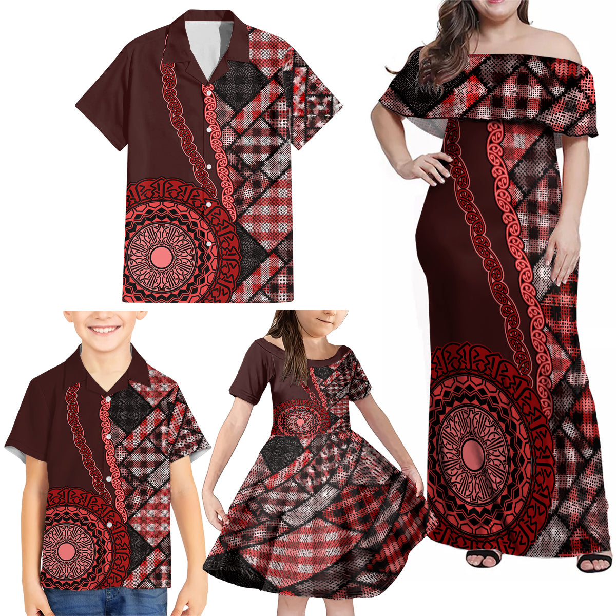 New Zealand Aotearoa Family Matching Off Shoulder Maxi Dress and Hawaiian Shirt Maori Harakeke Weaving Pattern Red LT05 - Polynesian Pride