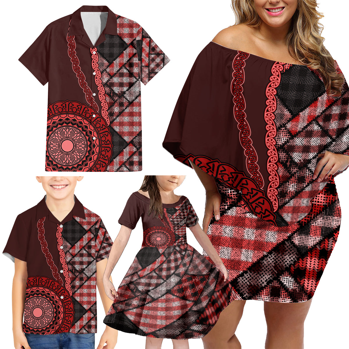 New Zealand Aotearoa Family Matching Off Shoulder Short Dress and Hawaiian Shirt Maori Harakeke Weaving Pattern Red LT05 - Polynesian Pride