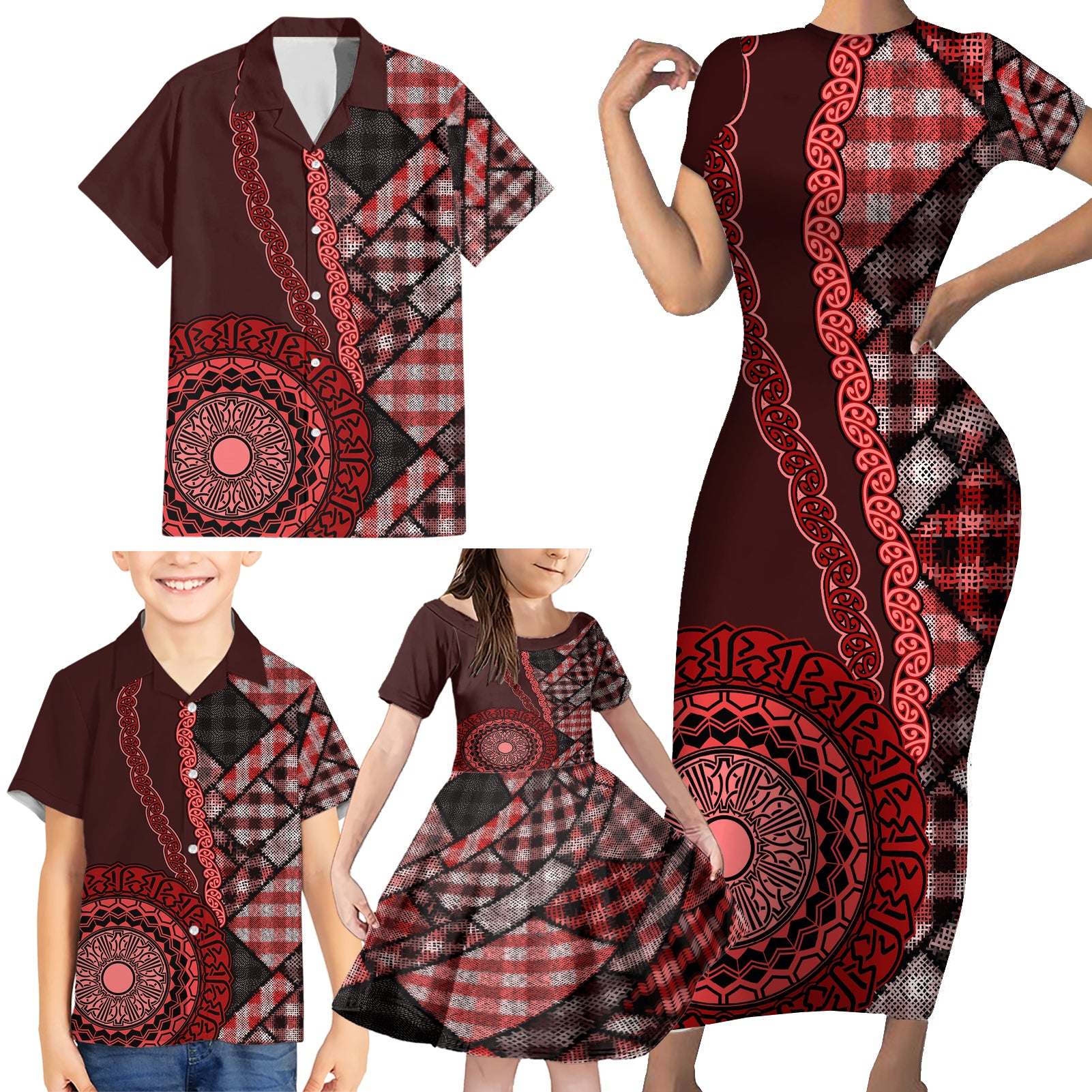 New Zealand Aotearoa Family Matching Short Sleeve Bodycon Dress and Hawaiian Shirt Maori Harakeke Weaving Pattern Red LT05 - Polynesian Pride