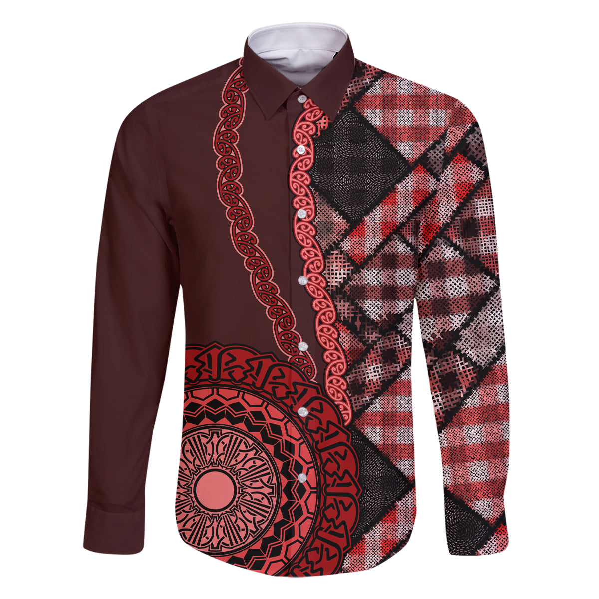 New Zealand Aotearoa Family Matching Tank Maxi Dress and Hawaiian Shirt Maori Harakeke Weaving Pattern Red LT05 Dad's Shirt - Long Sleeve Red - Polynesian Pride
