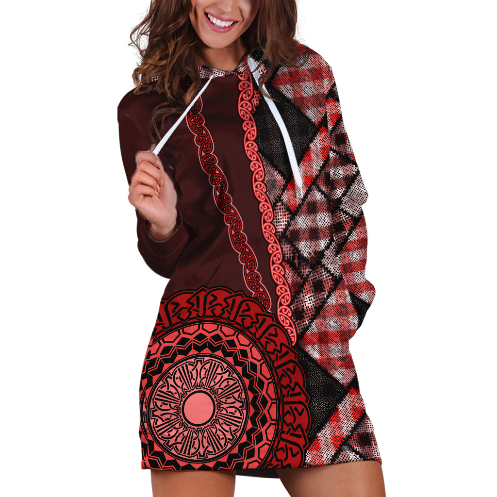 New Zealand Aotearoa Hoodie Dress Maori Harakeke Weaving Pattern Red LT05 Red - Polynesian Pride