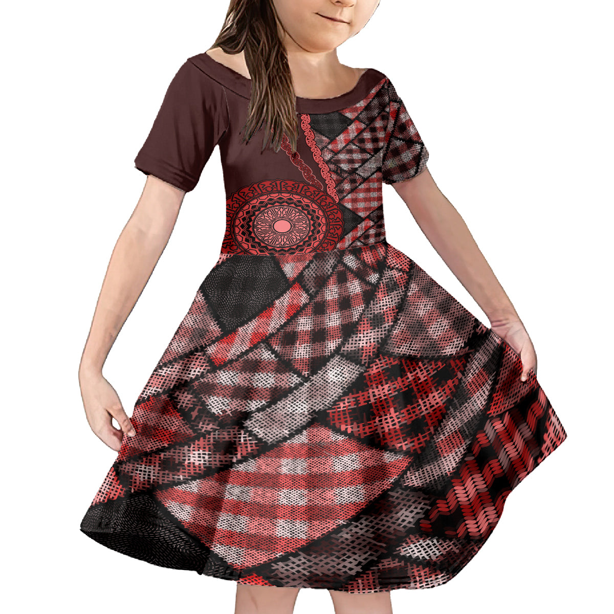 New Zealand Aotearoa Kid Short Sleeve Dress Maori Harakeke Weaving Pattern Red LT05 KID Red - Polynesian Pride