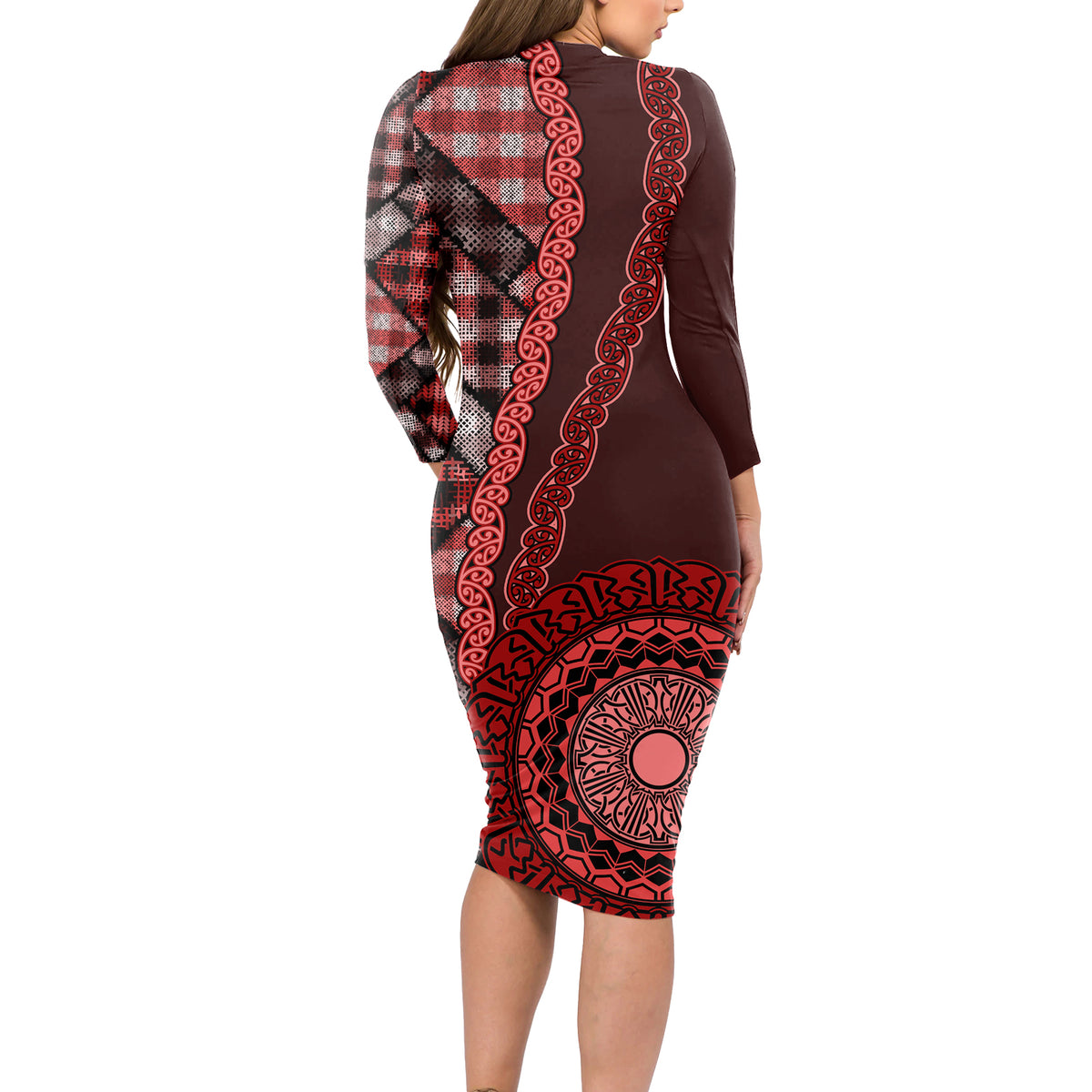 New Zealand Aotearoa Long Sleeve Bodycon Dress Maori Harakeke Weaving Pattern Red LT05 - Polynesian Pride