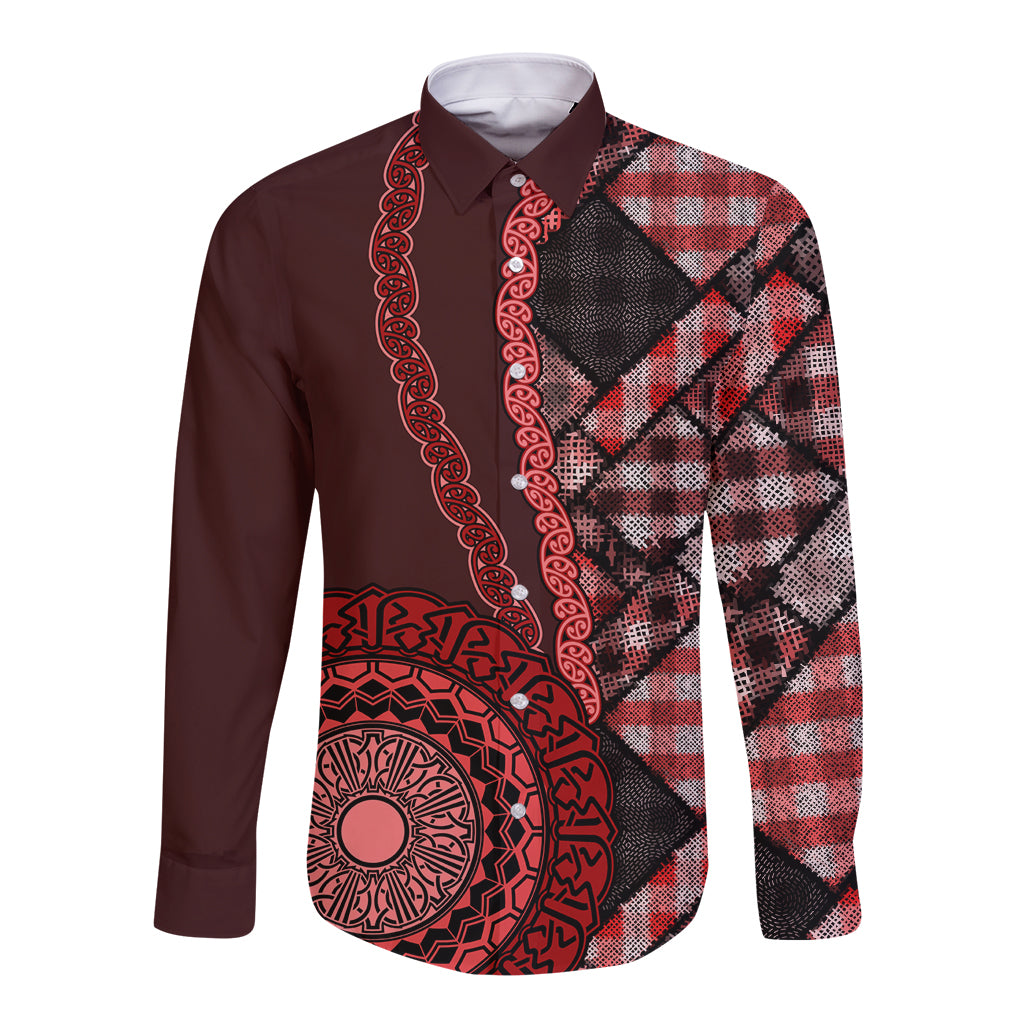 New Zealand Aotearoa Long Sleeve Button Shirt Maori Harakeke Weaving Pattern Red LT05 Unisex Red - Polynesian Pride