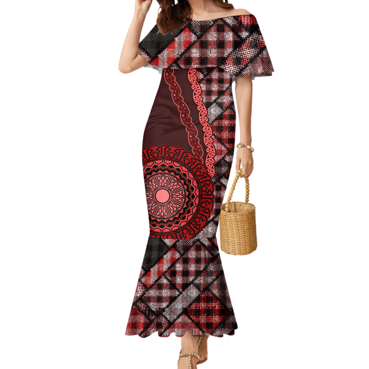 New Zealand Aotearoa Mermaid Dress Maori Harakeke Weaving Pattern Red LT05 Women Red - Polynesian Pride