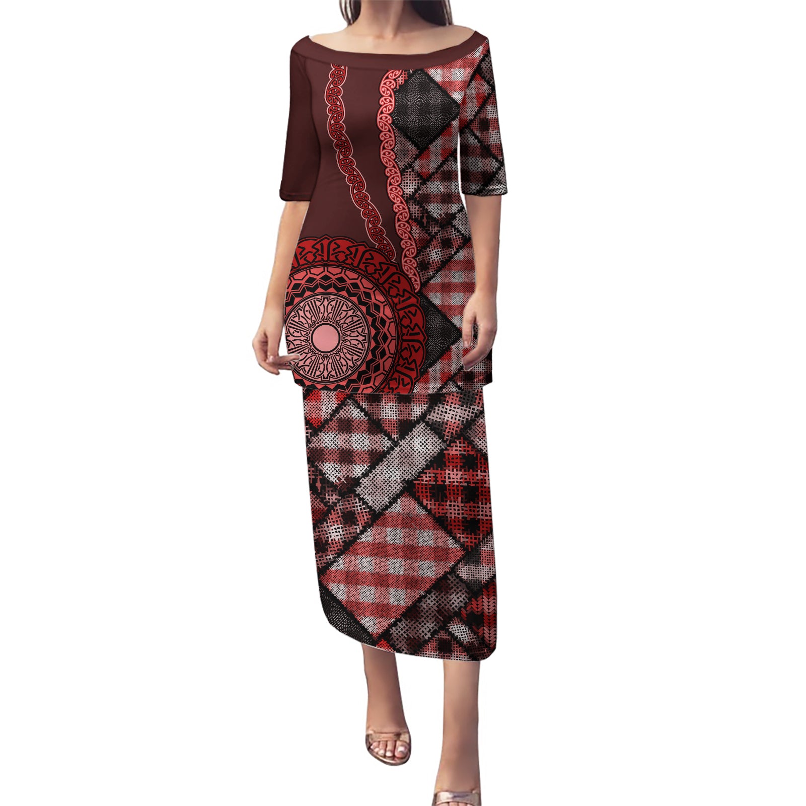 New Zealand Aotearoa Puletasi Maori Harakeke Weaving Pattern Red LT05 Long Dress Red - Polynesian Pride